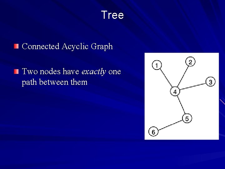 Tree Connected Acyclic Graph Two nodes have exactly one path between them 