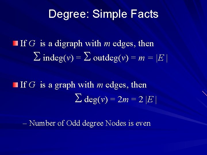 Degree: Simple Facts If G is a digraph with m edges, then indeg(v) =