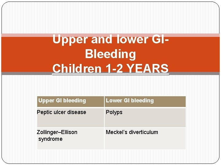 Upper and lower GIBleeding Children 1 -2 YEARS Upper GI bleeding Lower GI bleeding