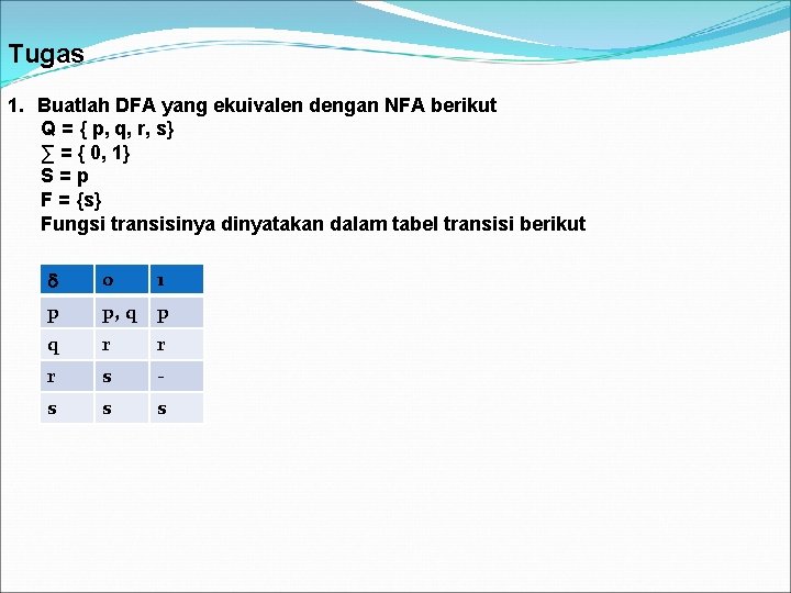 Tugas 1. Buatlah DFA yang ekuivalen dengan NFA berikut Q = { p, q,