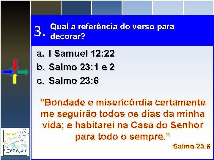 3. a. b. c. Qual a referência do verso para decorar? I Samuel 12: