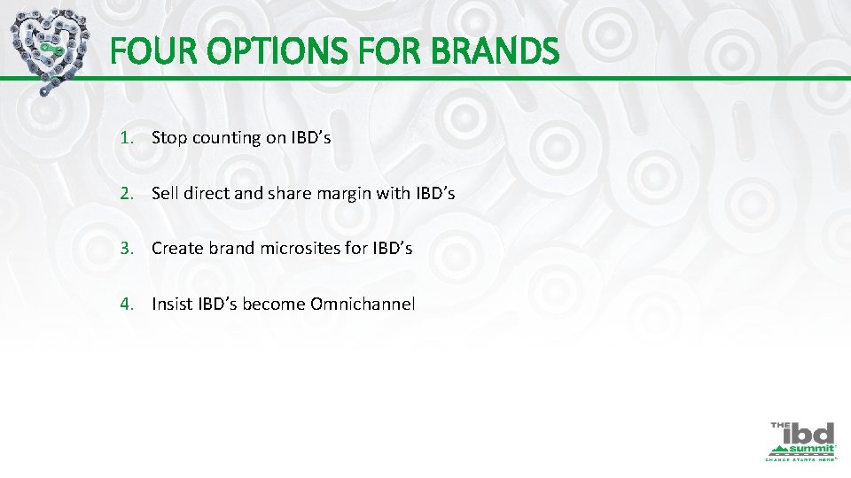 FOUR OPTIONS FOR BRANDS 1. Stop counting on IBD’s 2. Sell direct and share