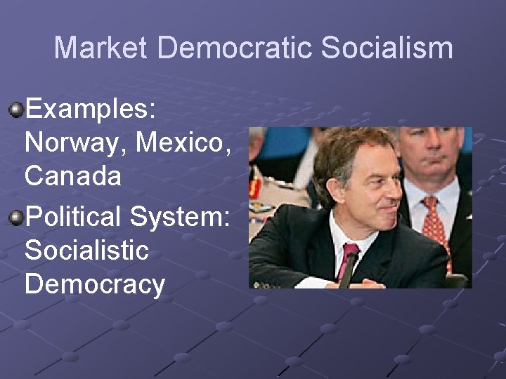 Market Democratic Socialism Examples: Norway, Mexico, Canada Political System: Socialistic Democracy 