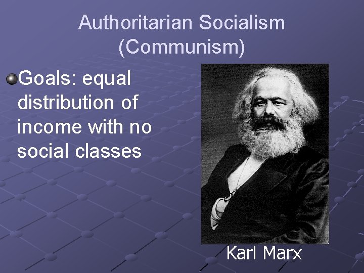 Authoritarian Socialism (Communism) Goals: equal distribution of income with no social classes Karl Marx