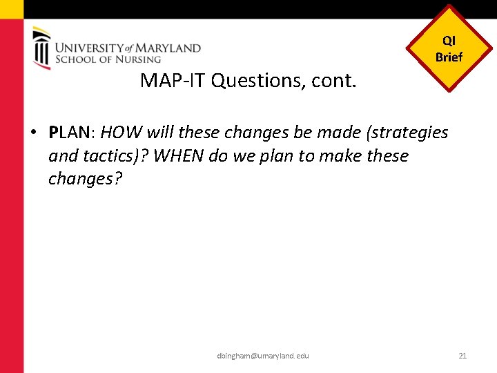 QI Brief MAP-IT Questions, cont. • PLAN: HOW will these changes be made (strategies