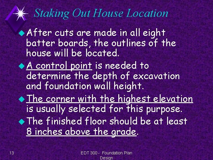 Staking Out House Location u After cuts are made in all eight batter boards,