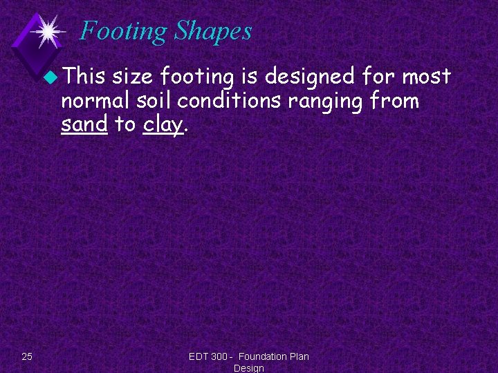 Footing Shapes u This size footing is designed for most normal soil conditions ranging
