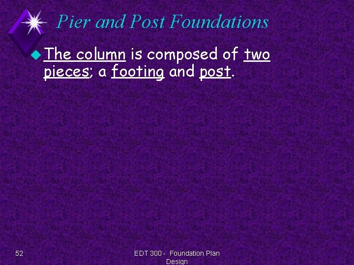 Pier and Post Foundations u The column is composed of two pieces; a footing