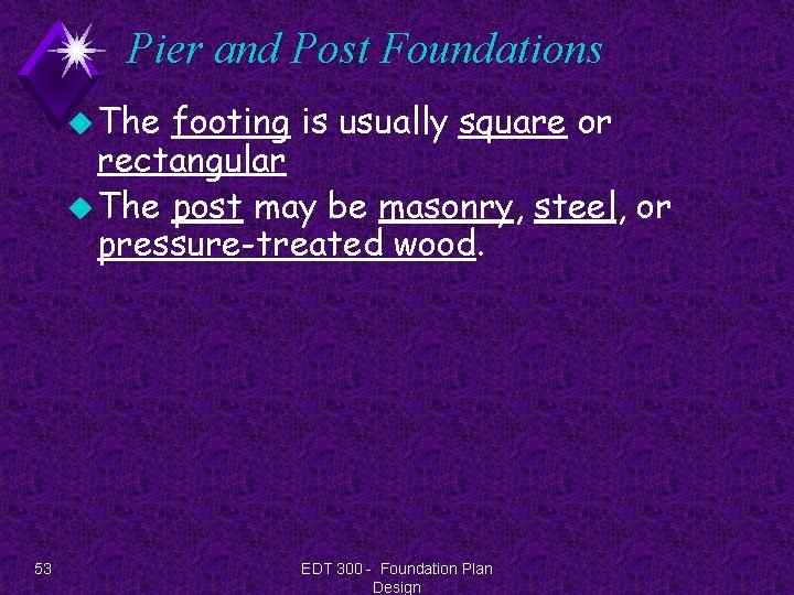 Pier and Post Foundations u The footing is usually square or rectangular u The