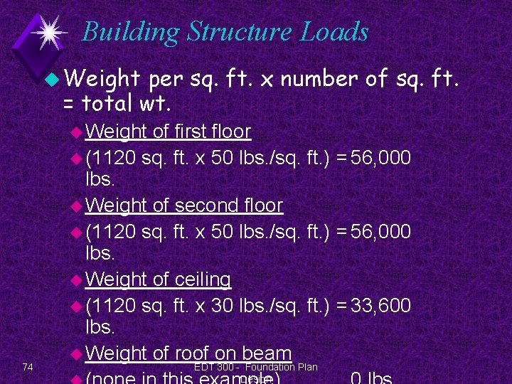 Building Structure Loads u Weight per sq. ft. x number of sq. ft. =