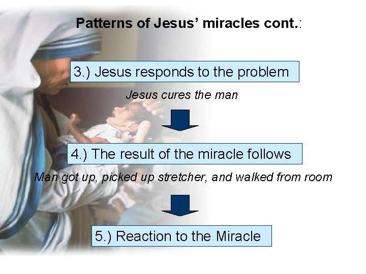 Patterns of Jesus’ miracles cont. : 3. ) Jesus responds to the problem Jesus