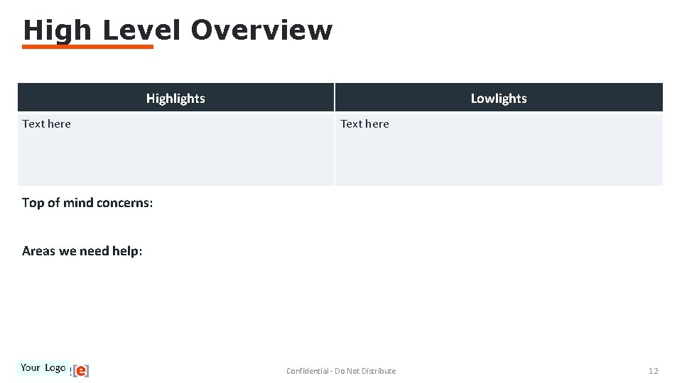 High Level Overview Highlights Text here Lowlights Text here Top of mind concerns: Areas