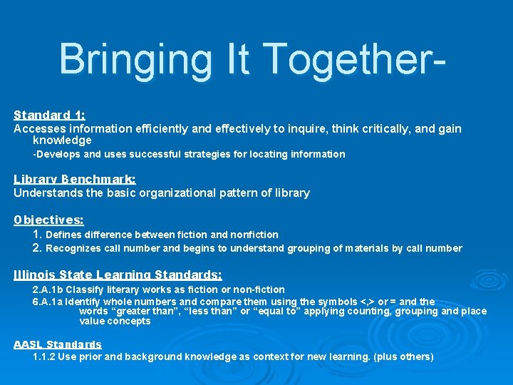 Bringing It Together. Standard 1: Accesses information efficiently and effectively to inquire, think critically,