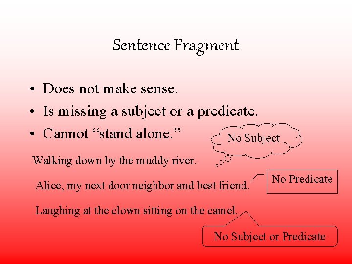 Sentence Fragment • Does not make sense. • Is missing a subject or a