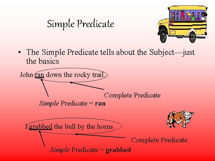 Simple Predicate • The Simple Predicate tells about the Subject—just the basics John ran