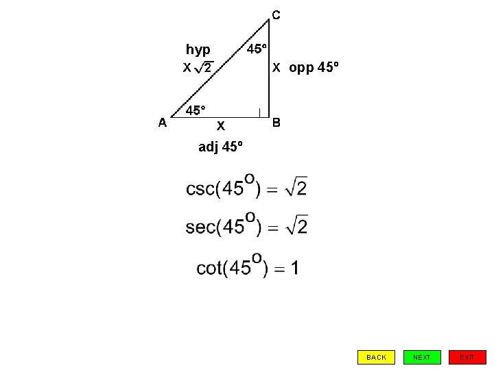 hyp opp 45º adj 45º BACK NEXT EXIT 