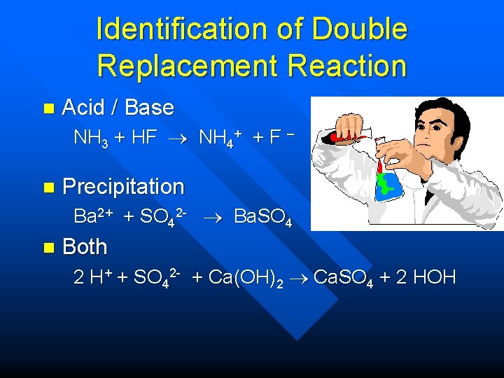 Identification of Double Replacement Reaction n Acid / Base NH 3 + HF NH