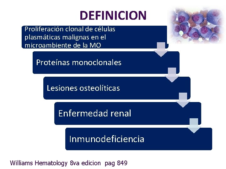 DEFINICION Proliferación clonal de células plasmáticas malignas en el microambiente de la MO Proteínas