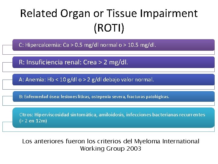 Related Organ or Tissue Impairment (ROTI) C: Hipercalcemia: Ca > 0. 5 mg/dl normal