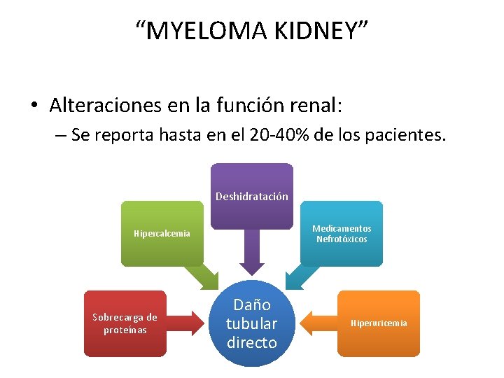 “MYELOMA KIDNEY” • Alteraciones en la función renal: – Se reporta hasta en el