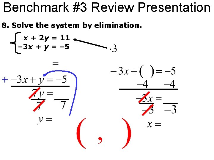 Benchmark #3 Review Presentation 8. Solve the system by elimination. x + 2 y