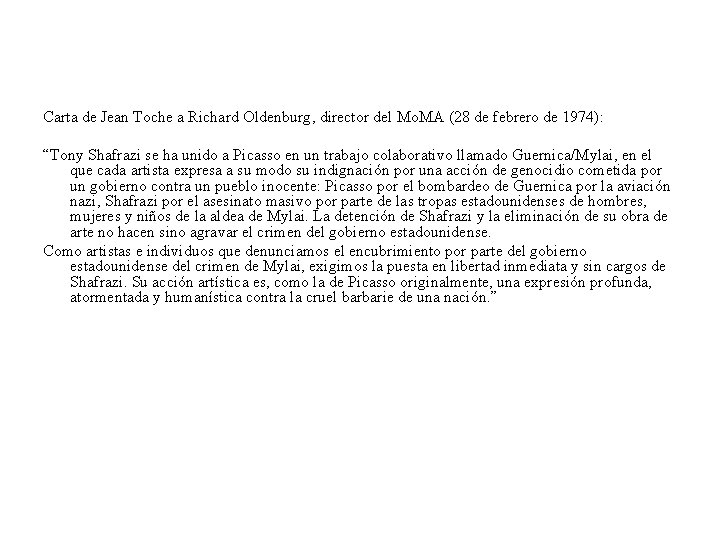 Carta de Jean Toche a Richard Oldenburg, director del Mo. MA (28 de febrero