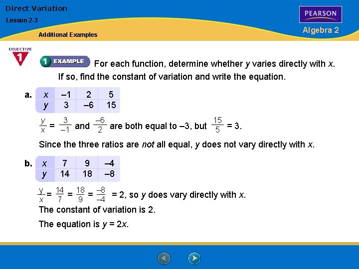 Direct Variation Lesson 2 -3 Algebra 2 Additional Examples For each function, determine whether