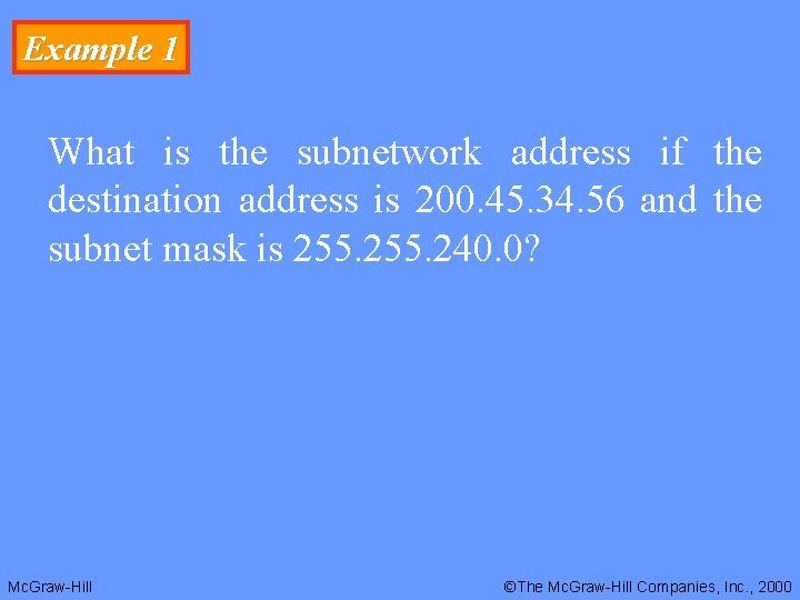 Example 1 What is the subnetwork address if the destination address is 200. 45.
