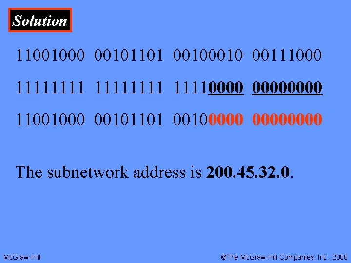 Solution 11001000 00101101 0010 00111000 111111110000 11001000 00101101 00100000 The subnetwork address is 200.