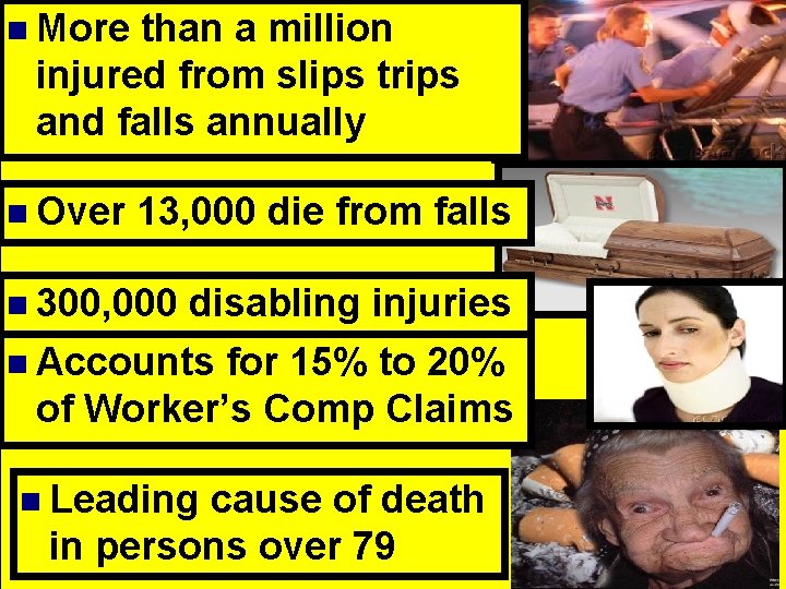 n More than a million injured from slips trips and falls annually n Over