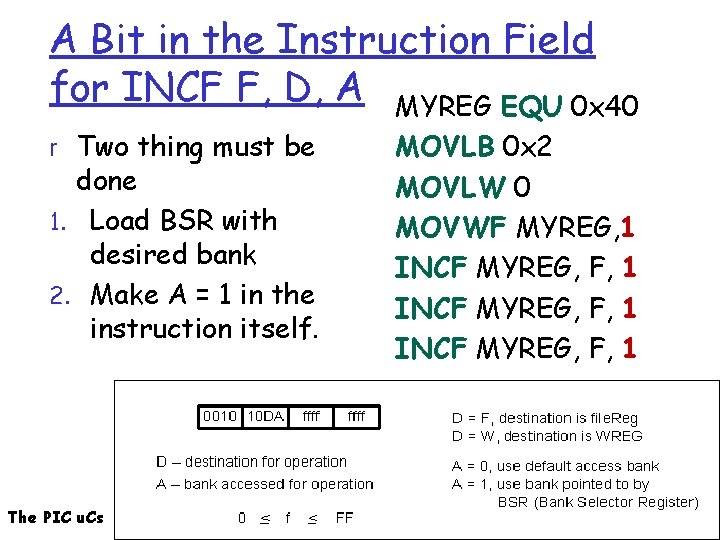 A Bit in the Instruction Field for INCF F, D, A MYREG EQU 0