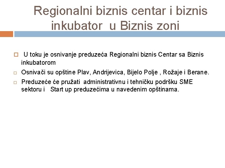 Regionalni biznis centar i biznis inkubator u Biznis zoni U toku je osnivanje preduzeća