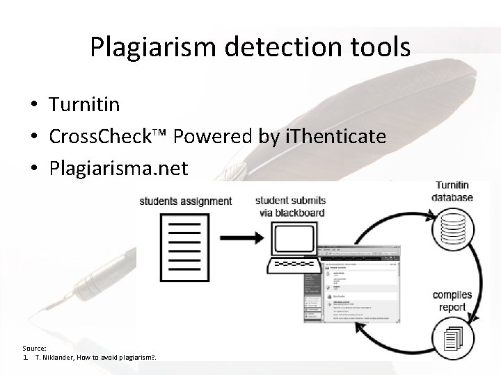 Plagiarism detection tools • Turnitin • Cross. Check™ Powered by i. Thenticate • Plagiarisma.