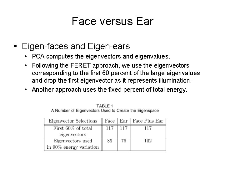 Face versus Ear § Eigen-faces and Eigen-ears • PCA computes the eigenvectors and eigenvalues.