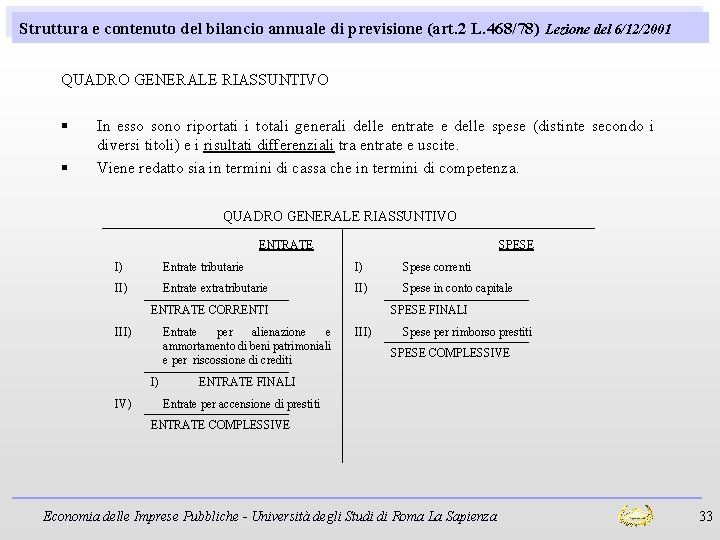 Struttura e contenuto del bilancio annuale di previsione (art. 2 L. 468/78) Lezione del