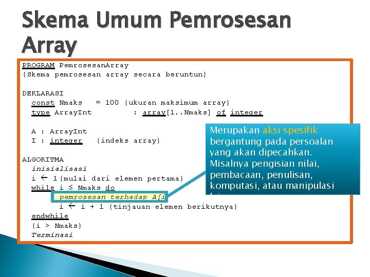 Skema Umum Pemrosesan Array PROGRAM Pemrosesan. Array {Skema pemrosesan array secara beruntun} DEKLARASI const