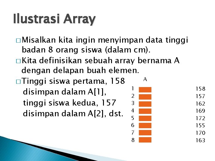 Ilustrasi Array � Misalkan kita ingin menyimpan data tinggi badan 8 orang siswa (dalam