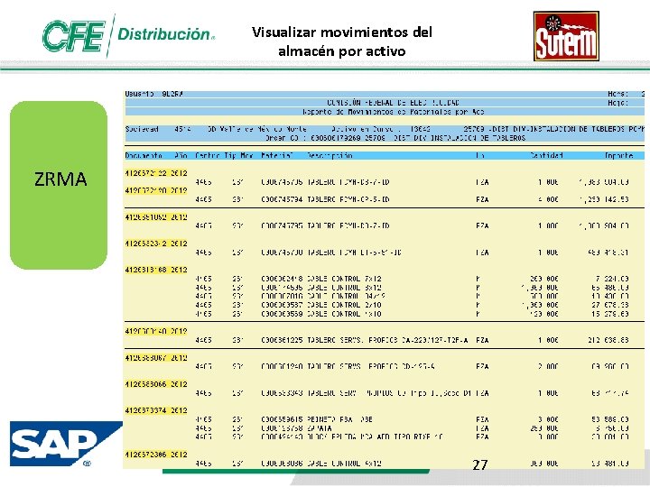 Visualizar movimientos del almacén por activo ZRMA 27 