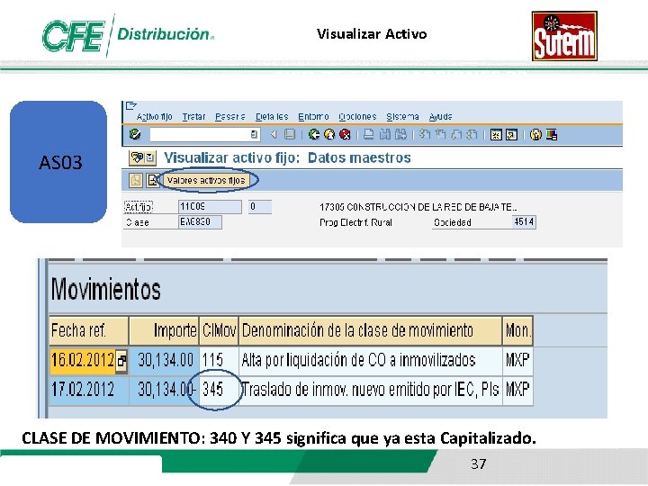 Visualizar Activo USO DE TRANSACCIONES R 3 AS 03 CLASE DE MOVIMIENTO: 340 Y