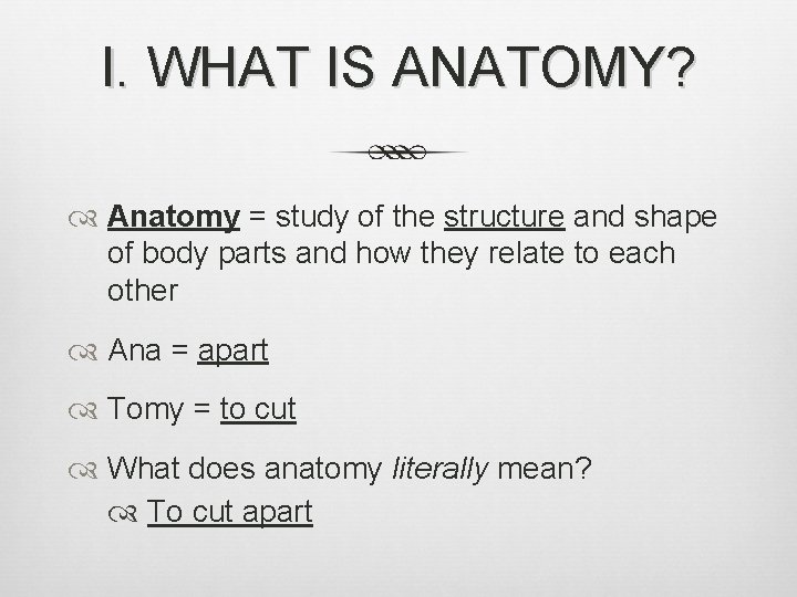 I. WHAT IS ANATOMY? Anatomy = study of the structure and shape of body