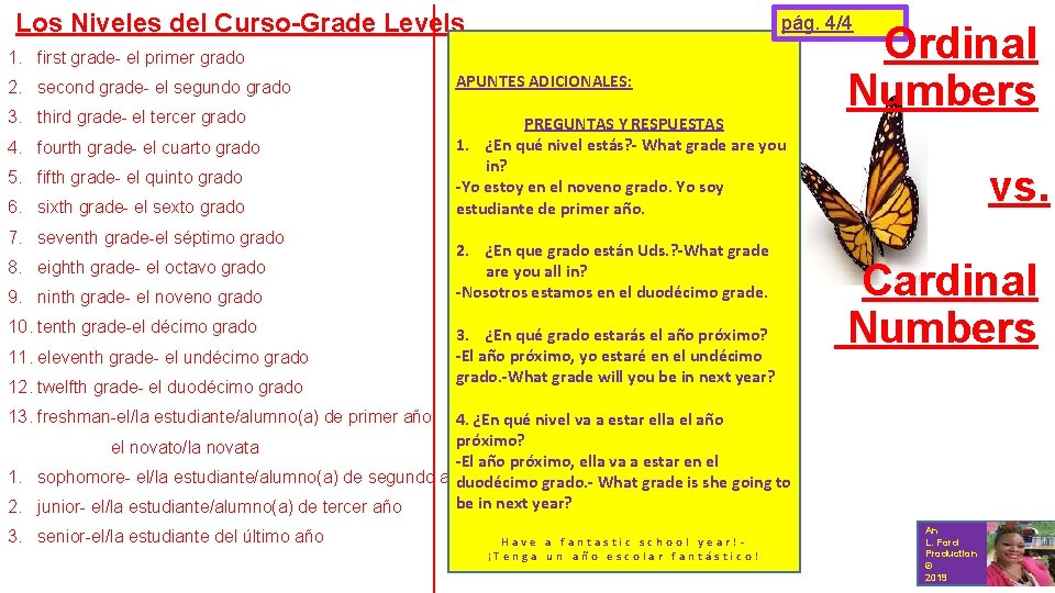 Los Niveles del Curso-Grade Levels pág. 4/4 1. first grade- el primer grado 2.