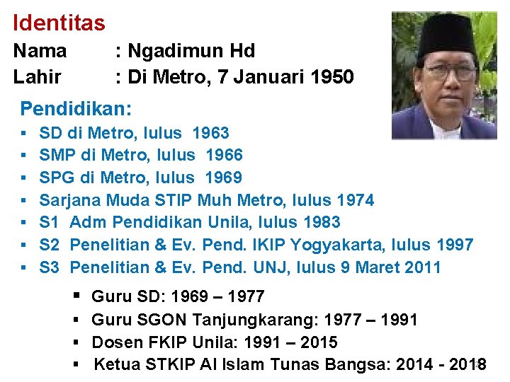 Identitas Nama Lahir : Ngadimun Hd : Di Metro, 7 Januari 1950 Pendidikan: §