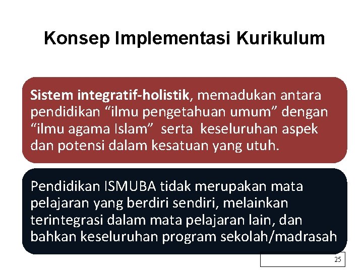 Konsep Implementasi Kurikulum Sistem integratif-holistik, memadukan antara pendidikan “ilmu pengetahuan umum” dengan “ilmu agama
