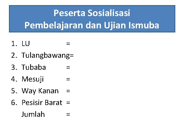 Peserta Sosialisasi Pembelajaran dan Ujian Ismuba 1. 2. 3. 4. 5. 6. LU =