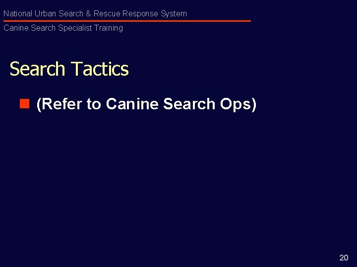 National Urban Search & Rescue Response System Canine Search Specialist Training Search Tactics n