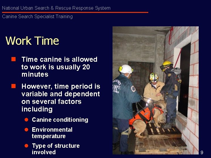 National Urban Search & Rescue Response System Canine Search Specialist Training Work Time n