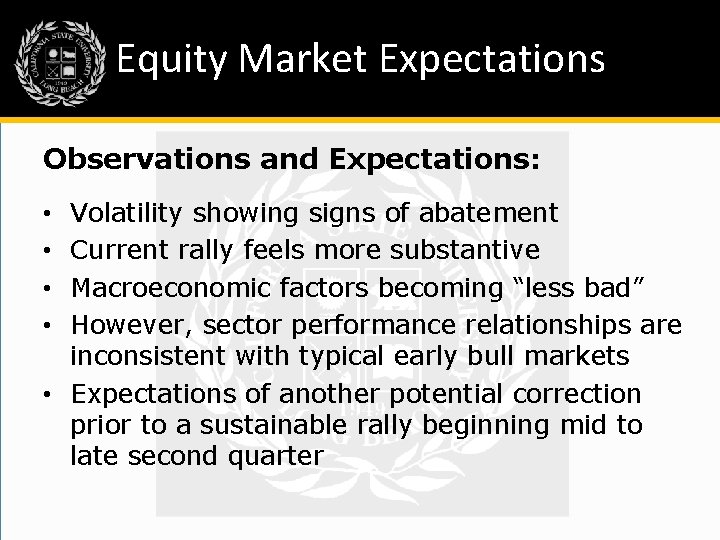 Equity Market Expectations Observations and Expectations: Volatility showing signs of abatement Current rally feels
