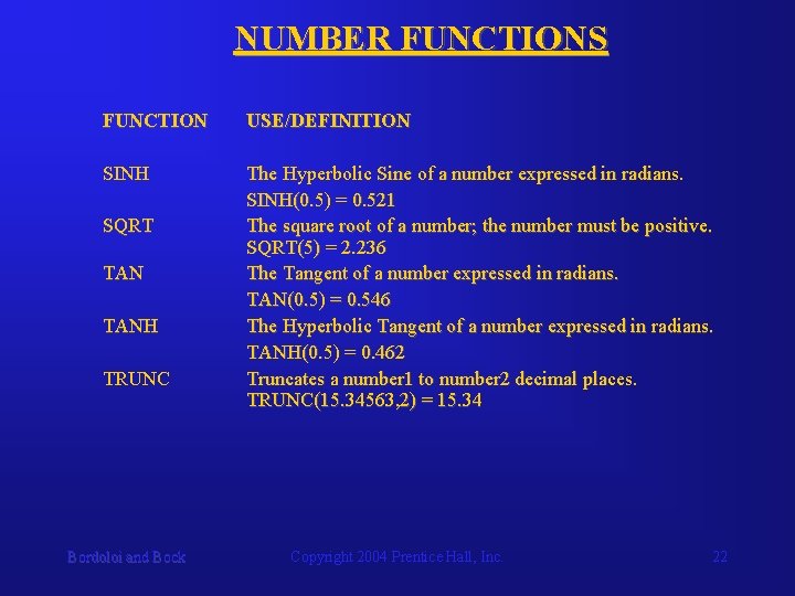 NUMBER FUNCTIONS FUNCTION USE/DEFINITION SINH The Hyperbolic Sine of a number expressed in radians.