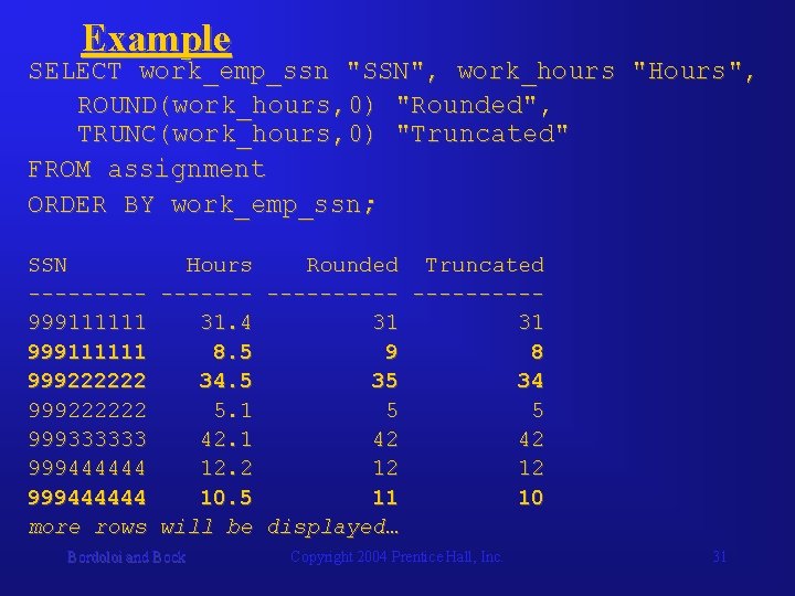 Example SELECT work_emp_ssn "SSN", work_hours "Hours", ROUND(work_hours, 0) "Rounded", TRUNC(work_hours, 0) "Truncated" FROM assignment