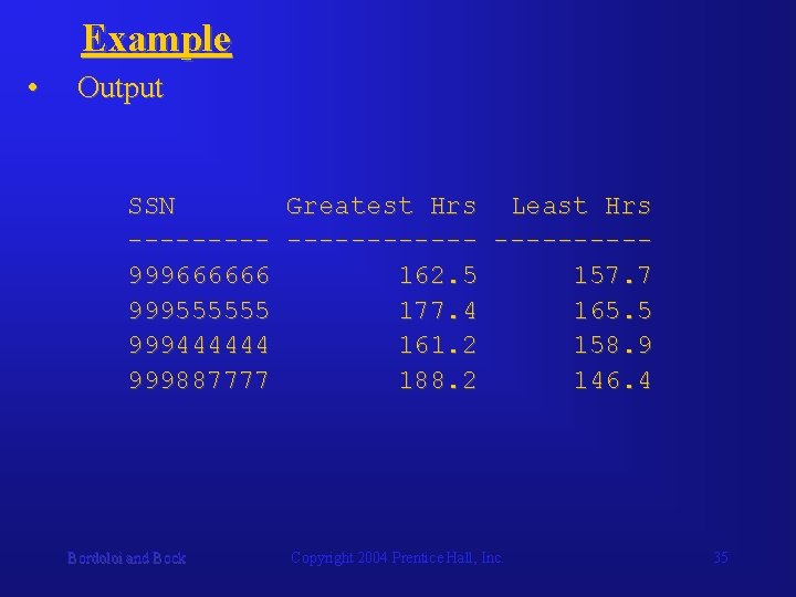 Example • Output SSN Greatest Hrs Least Hrs ------------999666666 162. 5 157. 7 999555555